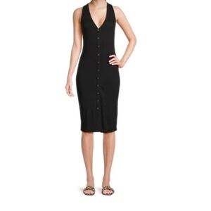 James Perse Black Ribbed Sleeveless Button Front Dress Size1